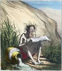 Diogenes (d.c.320 f.Kr.) læser en avis, ca. 1870 (farvelitografi)